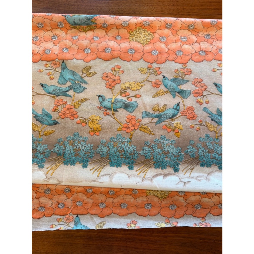 Vintage Scenic Stretch Fabric Blue Birds Orange Village Landscape Print 44"x56" - Picture 1 of 6